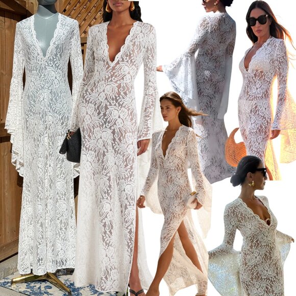 🆕 ALEXANDRA MIRO 🧿 NWOT Kara Long Boylen Sleeve Kaftan, Ivory Lace - Sz M - Picture 1 of 14